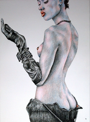 Figurative fine art Painting. Fantasy Girls, Woman with Gloves.  Peter Buddle